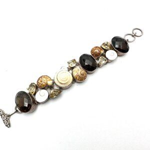 Big Smoky Topaz Citrine Ammonite Sterling Silver Bracelet 96 Grams 8.5 Inch